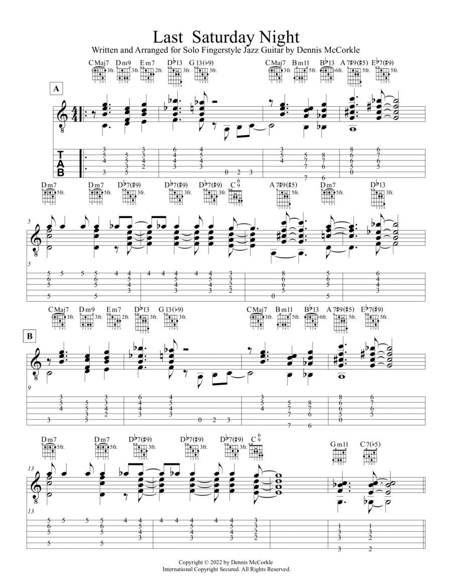 Last Saturday Night (Fingerstyle Chord Melody Jazz Guitar Solo) Electric Guitar scores gallery preview page 1