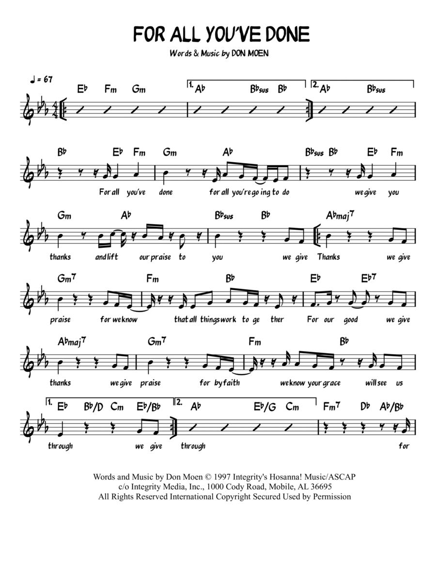 For All You've Done Piano, Vocal, Guitar scores gallery preview page 1