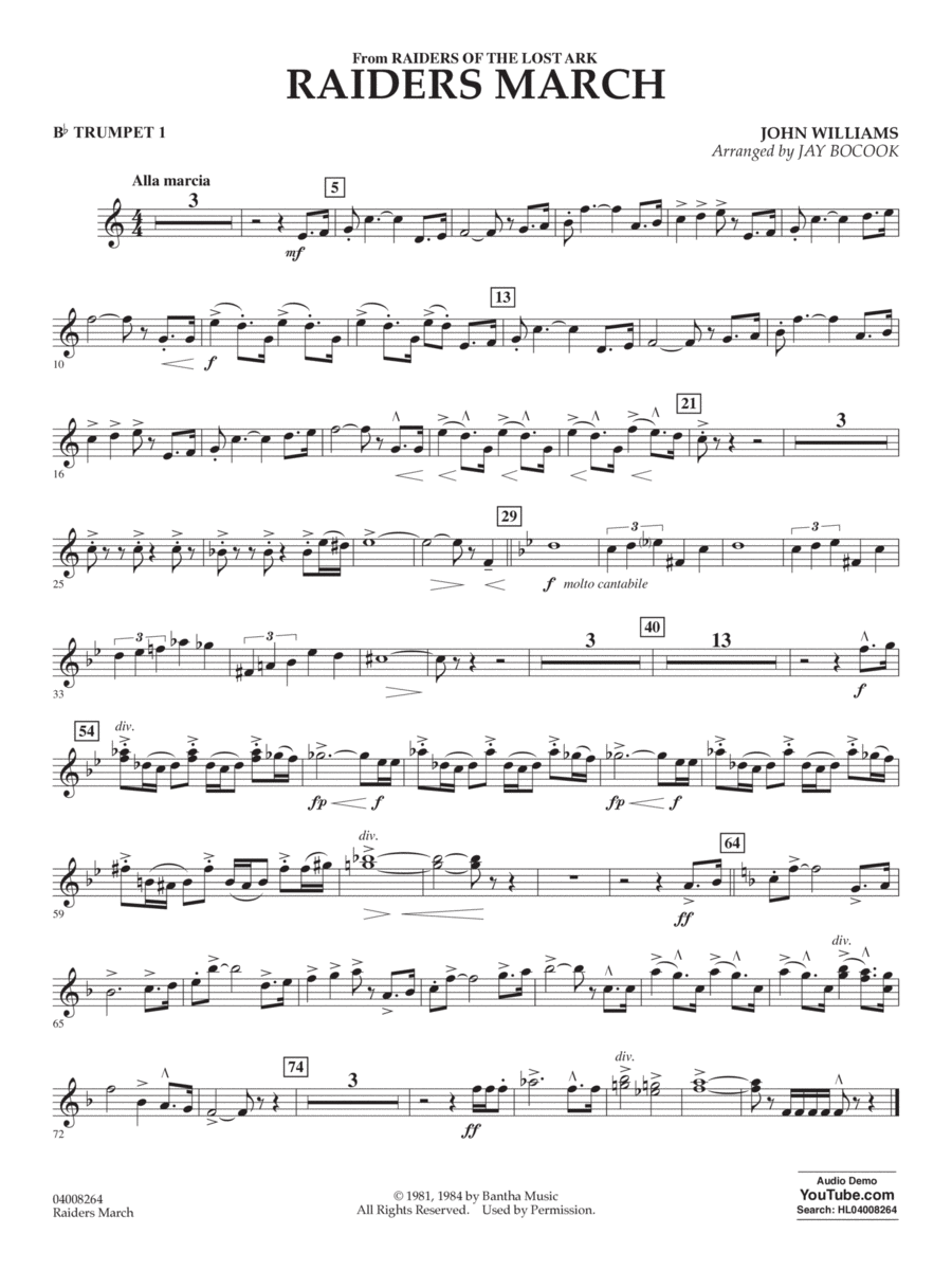Raiders March (from Raiders Of The Lost Ark) (arr. Jay Bocook) - Bb Trumpet 1 Concert Band scores gallery preview page 1