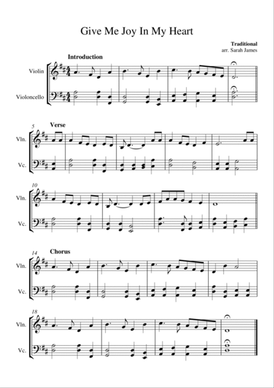 Give Me Joy In My Heart - Violin & Cello Arrangement by The Chapel Hill Duo String Duet scores gallery preview page 2