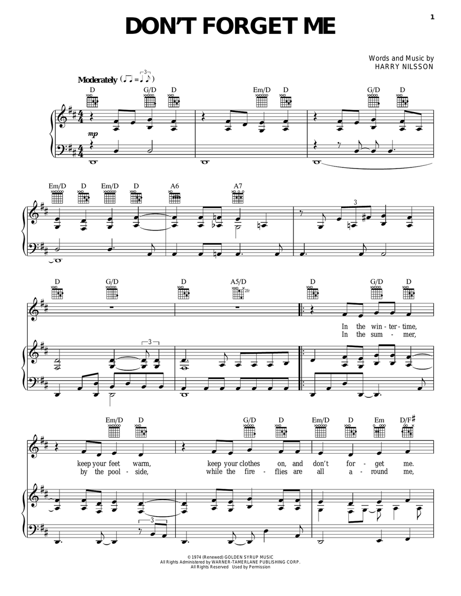 Don't Forget Me Piano, Vocal, Guitar scores gallery preview page 1