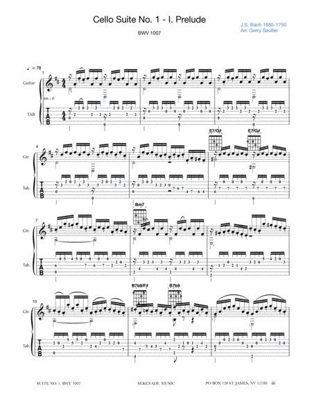 Cello Suite #1 BWV 1007 Arranged for solo guitar image number null