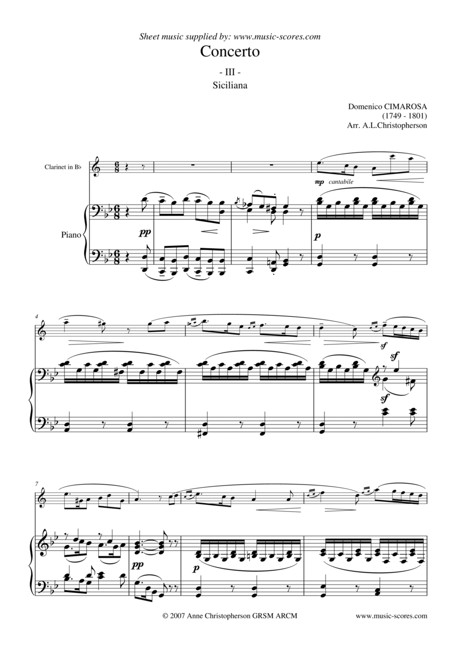 Cimarosa Siciliana - 3rd movement from Oboe Concerto - Clarinet and Piano Clarinet Solo scores gallery preview page 1