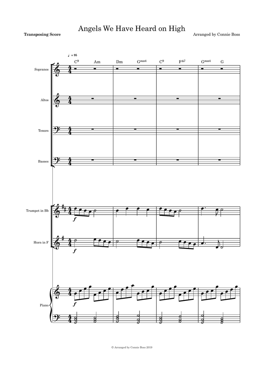 Angels We Have Heard on High SATB, French Horn, Trumpet and Piano 4-Part scores gallery preview page 1