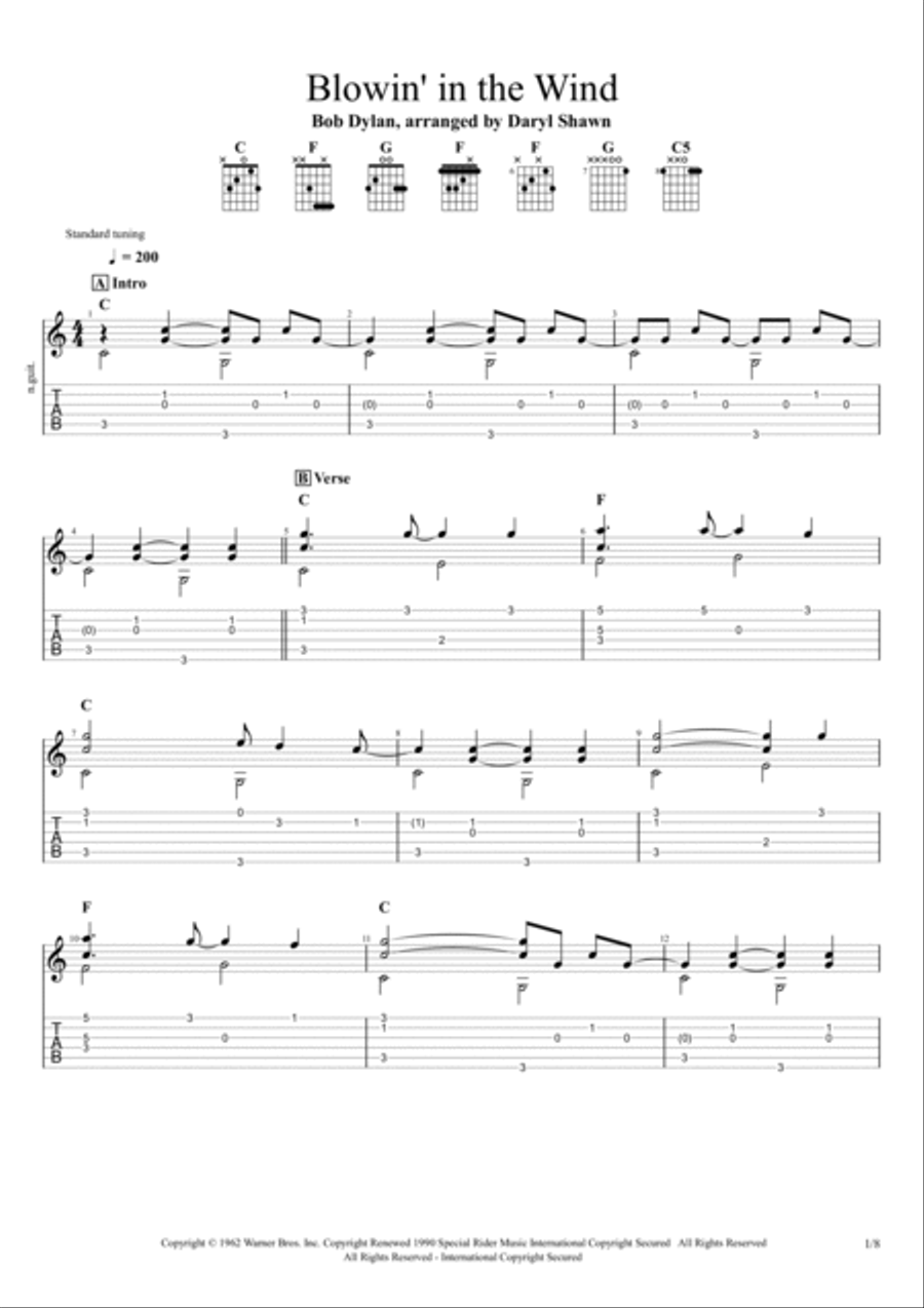 Blowin' In The Wind Guitar Tablature scores gallery preview page 2