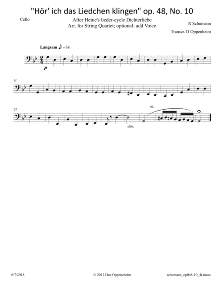 Schumann: "Hör' ich das Liedchen klingen" op. 48, No. 10; Arr. for String Quartet or Voice and Stri image number null