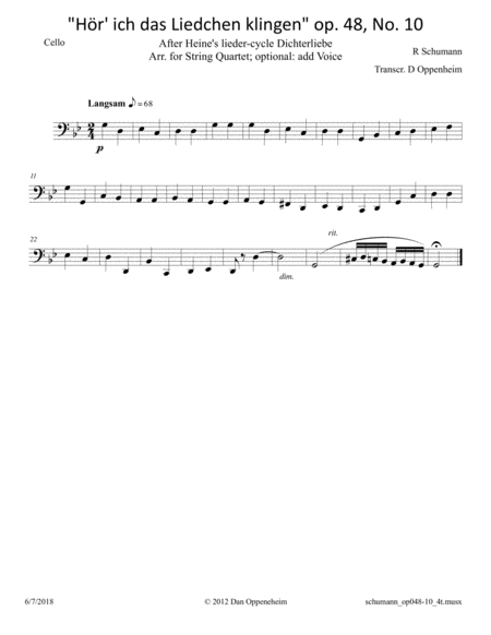 Schumann: "Hör' ich das Liedchen klingen" op. 48, No. 10; Arr. for String Quartet or Voice and Stri image number null
