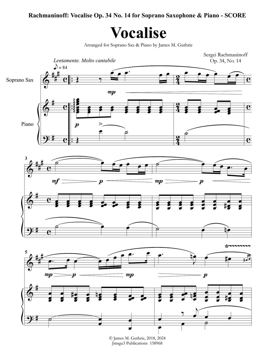 Rachmaninoff: Vocalise for Soprano Sax & Piano Soprano Saxophone scores gallery preview page 1
