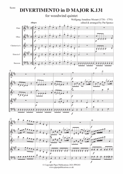 MOZART: DIVERTIMENTO IN D MAJOR K. 131 for woodwind quintet