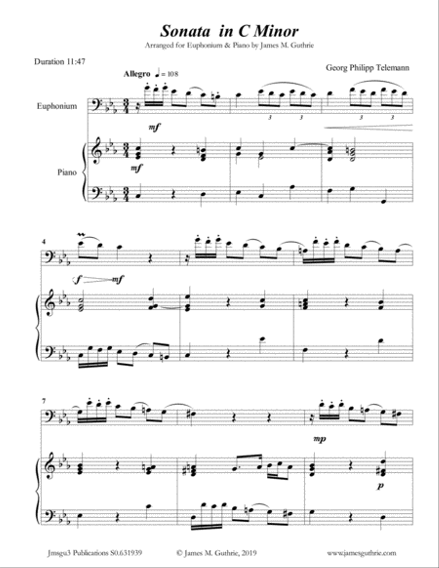 Telemann: Sonata in C Minor for Euphonium & Piano Brass Duet scores gallery preview page 1