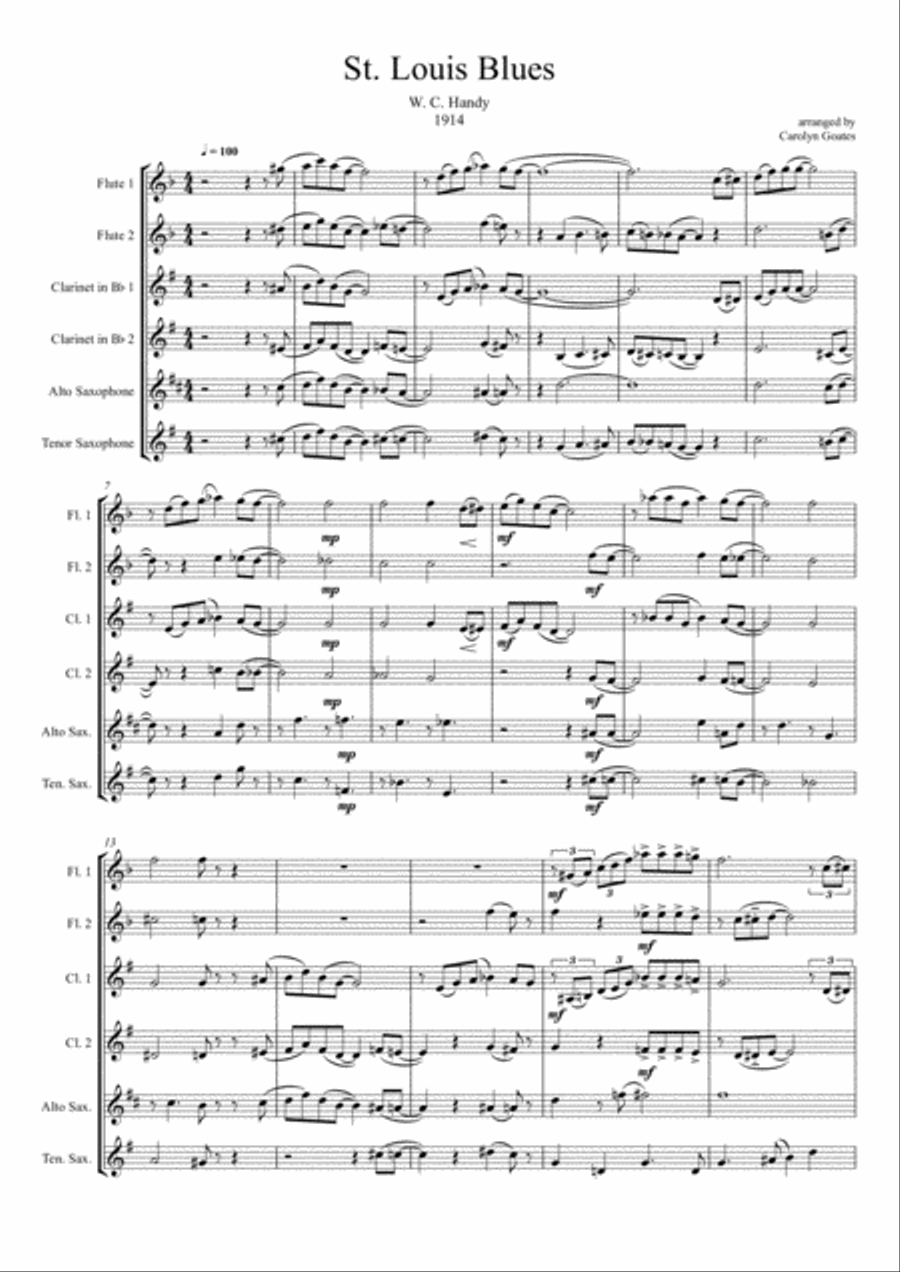 St. Louis Blues (Handy) for Wind Band in 6 parts (Flutes / Clarinets / Saxes) Concert Band scores gallery preview page 1
