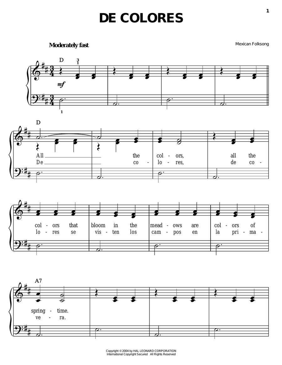 De Colores De Colores Easy Piano scores gallery preview page 1