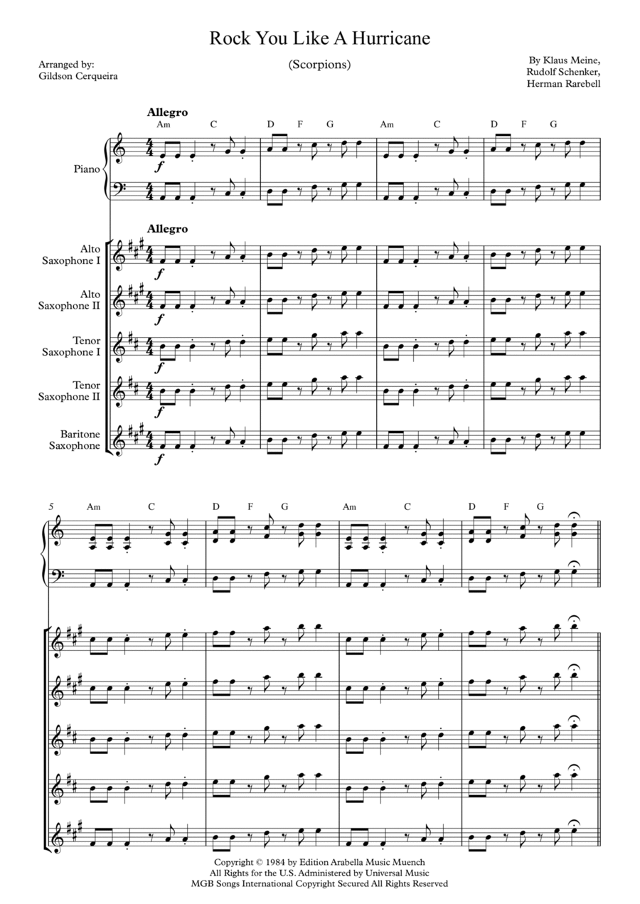Rock You Like A Hurricane Saxophone Quintet scores gallery preview page 1
