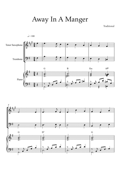 Traditional - Away In A Manger (Trio Piano, Tenor Saxophone and Trombone) with chords image number null