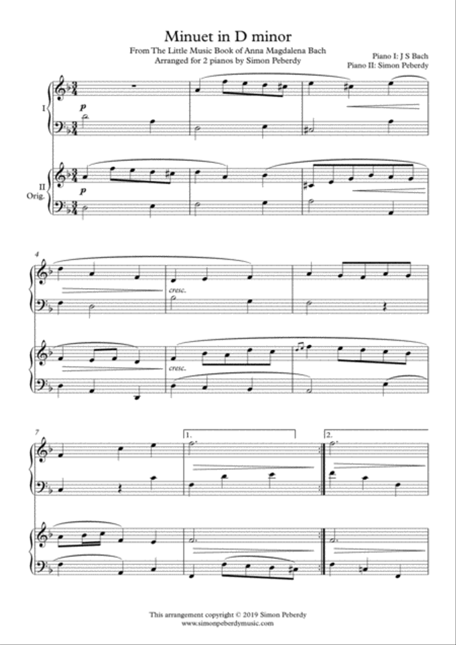 Minuet in D minor (J S Bach) from the little music book of Anna Magdalena, Arranged for 2 pianos by Piano Method scores gallery preview page 2