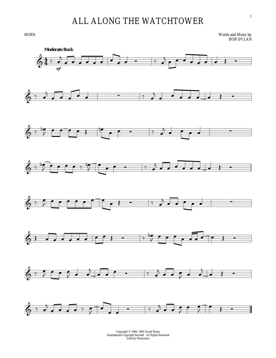 All Along The Watchtower Horn Solo scores gallery preview page 1