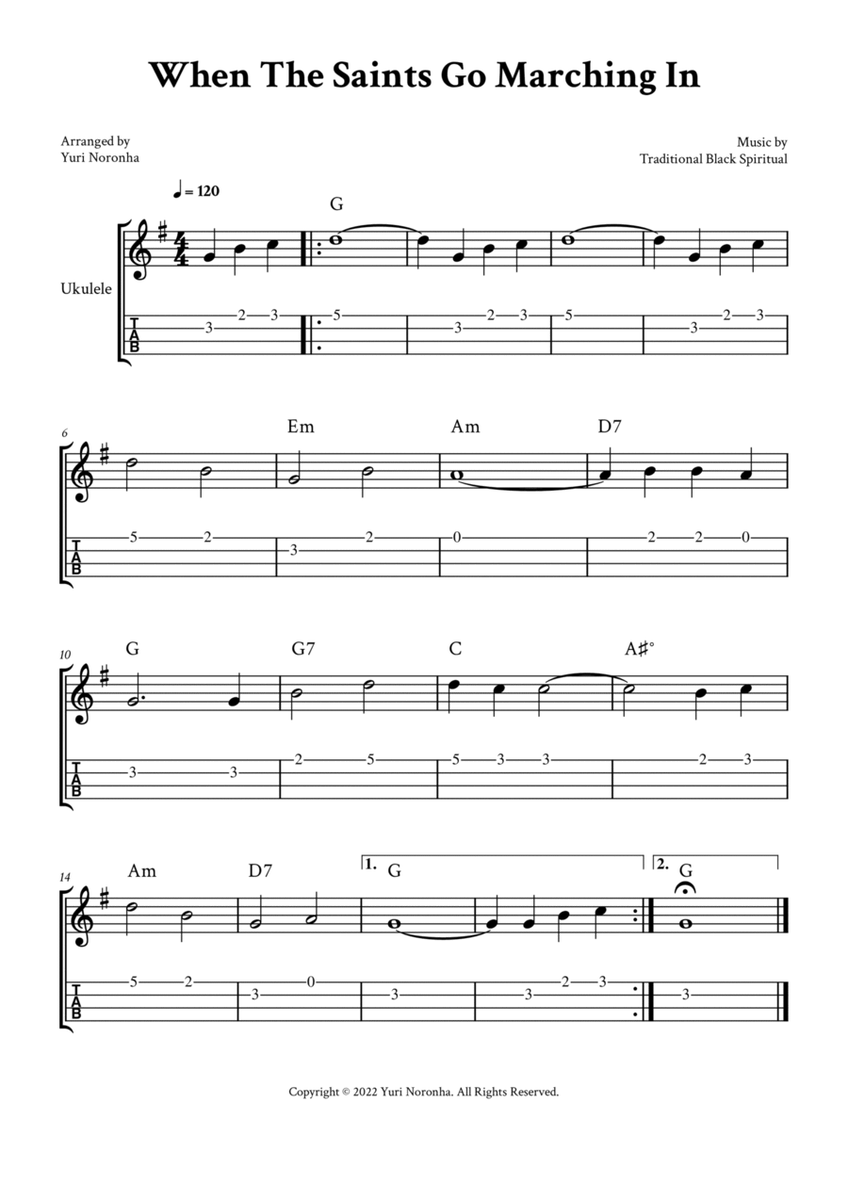 When The Saints Go Marching In - For Ukulele (G Major with TAB and Chords) image number null