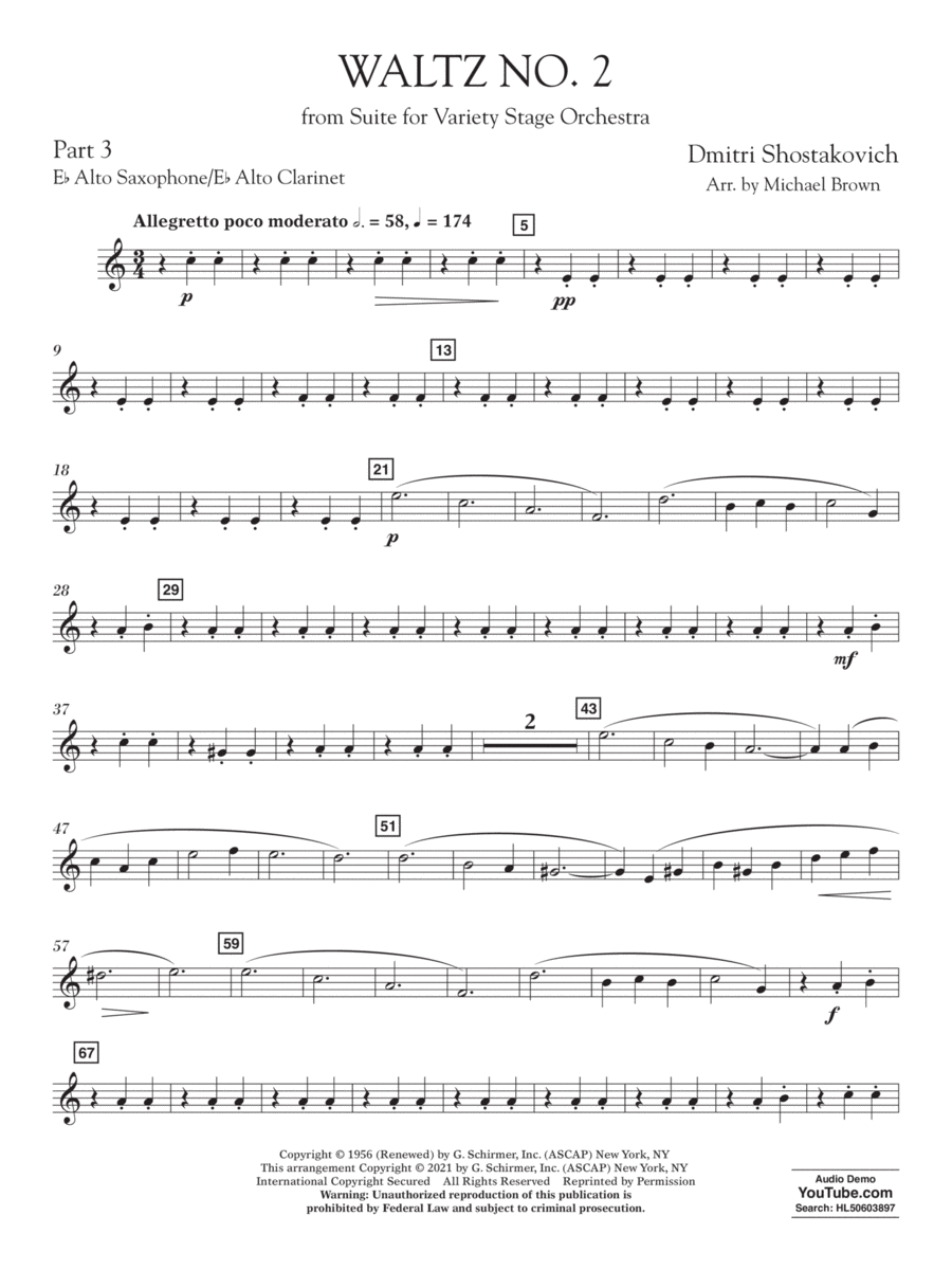 Waltz No. 2 (from Suite for Variety Stage Orchestra) (arr. Brown) - Pt.3 - Eb Alto Sax/Alto Clar.