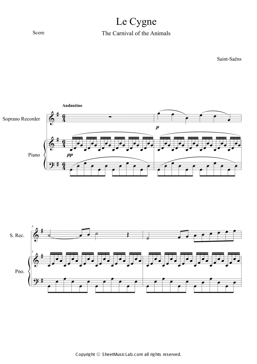 Le Cygne (Le Carnaval des Animaux) Soprano Recorder scores gallery preview page 1