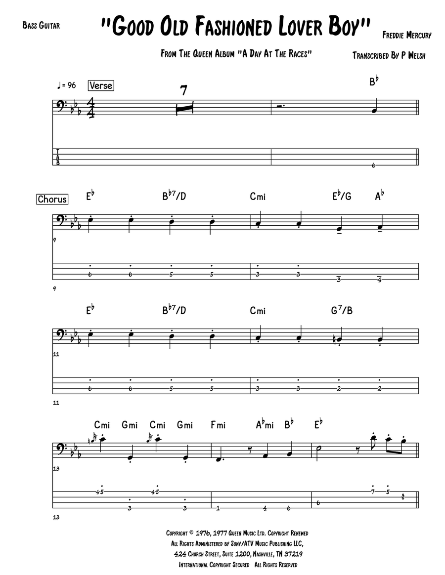 Good Old-fashioned Lover Boy Bass Guitar Tablature scores gallery preview page 1