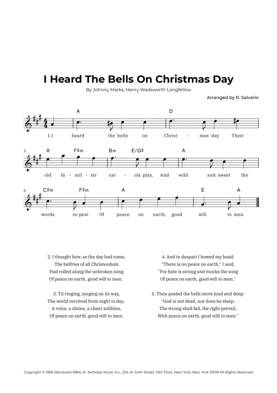 I Heard The Bells On Christmas Day (Key of A Major) Easy Piano scores gallery preview page 1
