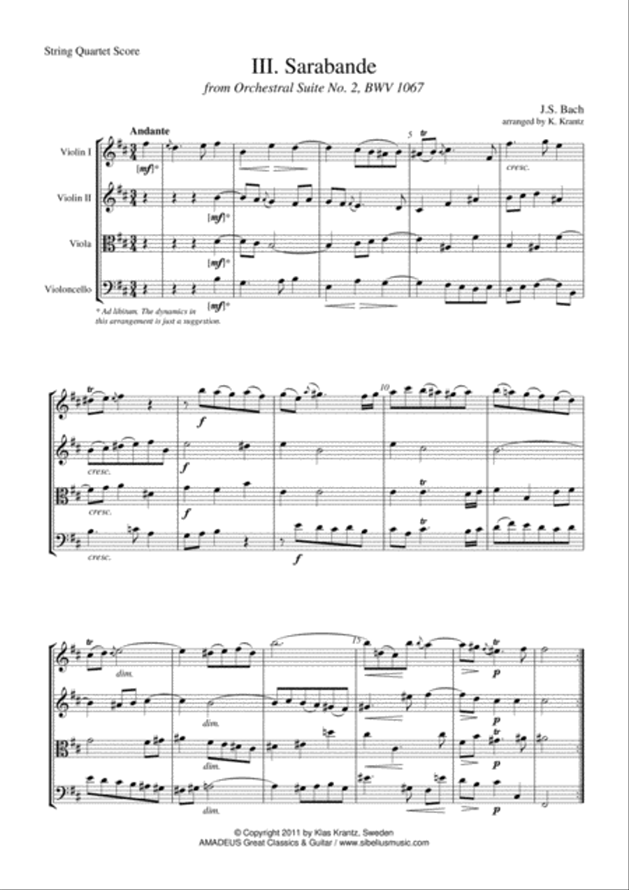 Sarabande Suite 2 BWV 1067 for string quartet String Quartet scores gallery preview page 1