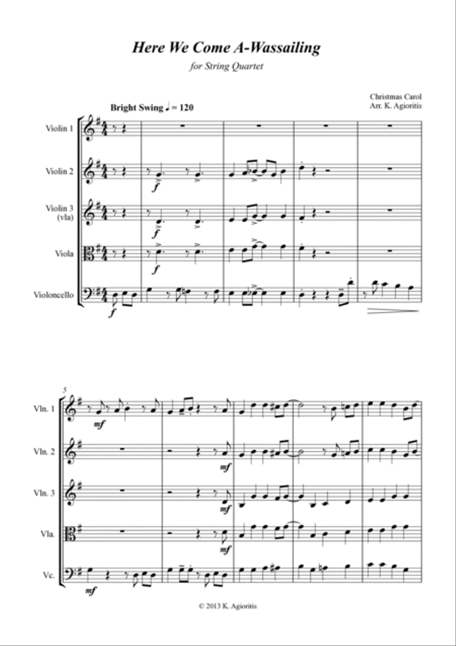 Here We Come A-Wassailing - Jazz Carol for String Quartet String Quartet scores gallery preview page 3