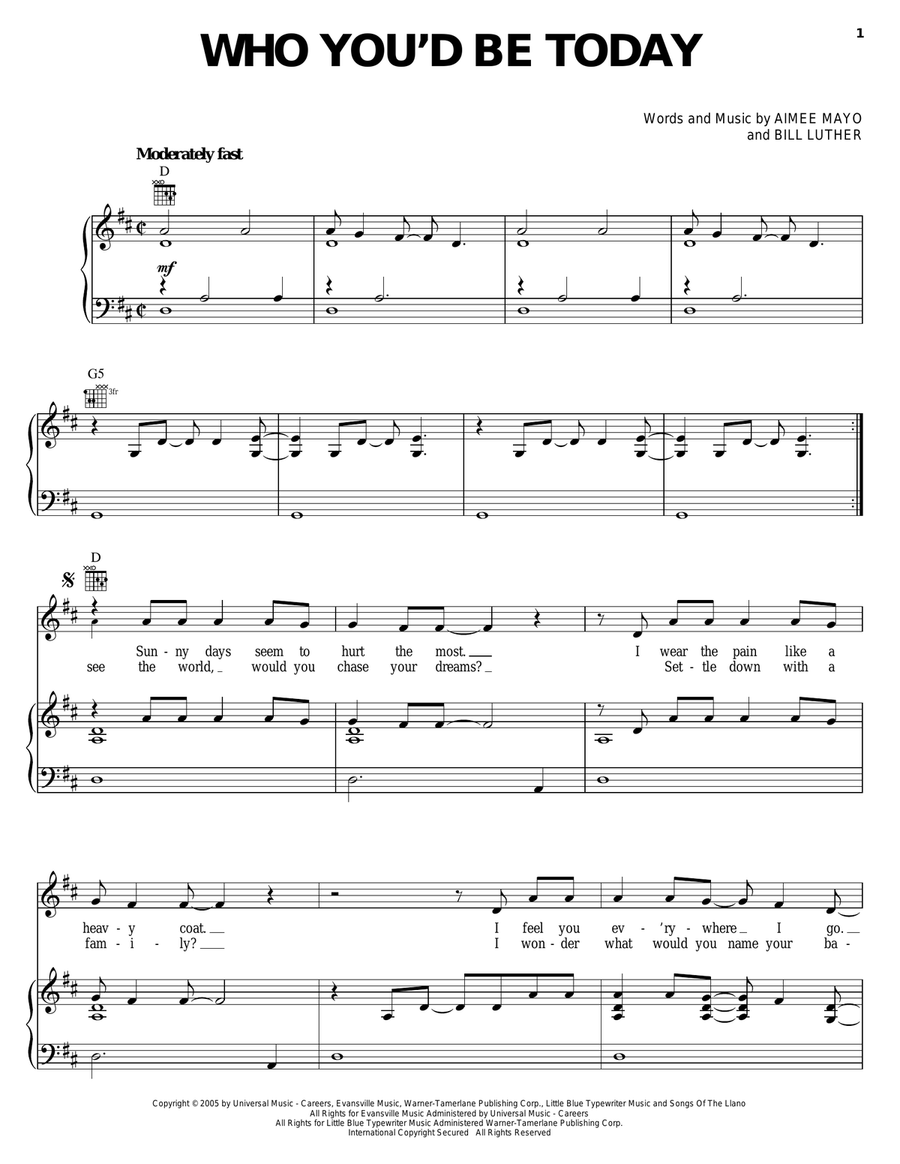 Who You'd Be Today Piano, Vocal, Guitar scores gallery preview page 1