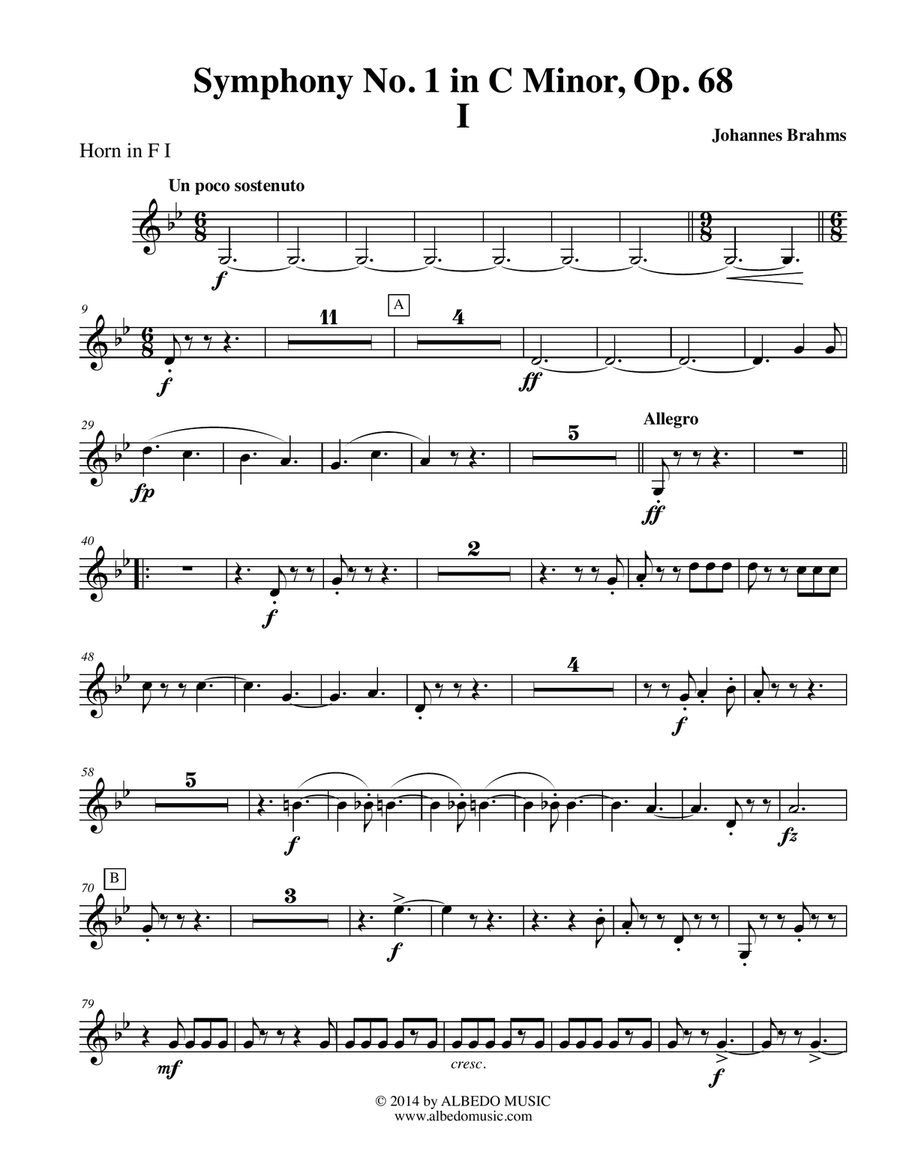Brahms Symphony No. 1, Movement I - Horn in F 1 (Transposed Part), Op. 68 Horn Solo scores gallery preview page 1