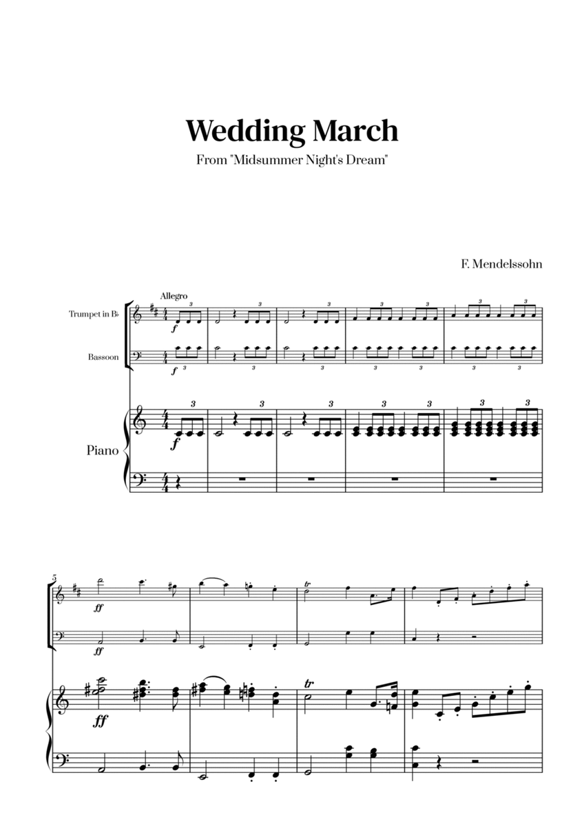 Felix Mendelssohn - Wedding March From Midsummer Night's Dream for Trumpet in Bb, Bassoon and Piano image number null