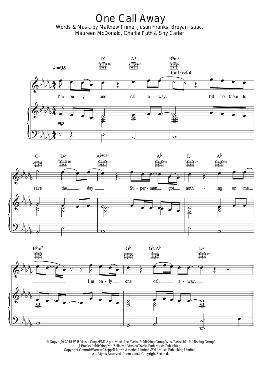 One Call Away Piano, Vocal, Guitar scores gallery preview page 1