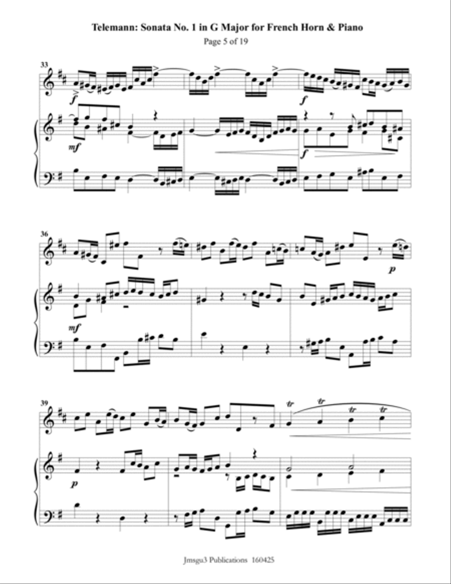 Telemann: Sonata in G Major for French Horn & Piano Horn scores gallery preview page 5