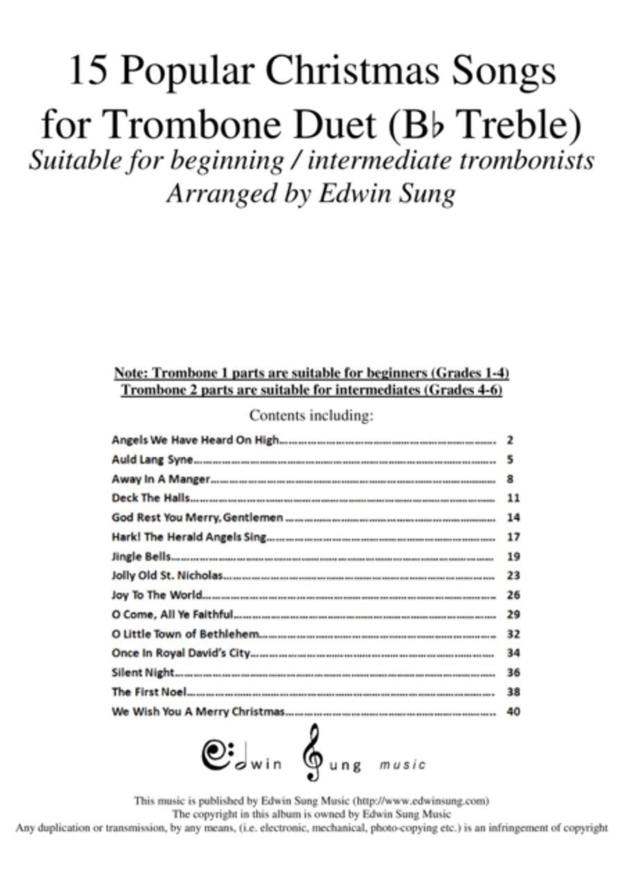 15 Popular Christmas Songs for Trombone Duet (Bb Treble) (Suitable for beginning / intermediate trom Trombone Duet scores gallery preview page 1
