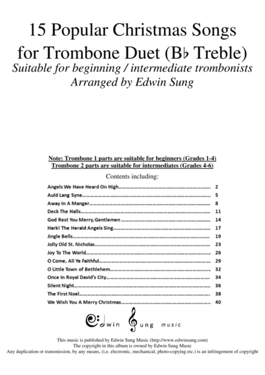 15 Popular Christmas Songs for Trombone Duet (Bb Treble) (Suitable for beginning / intermediate trom image number null