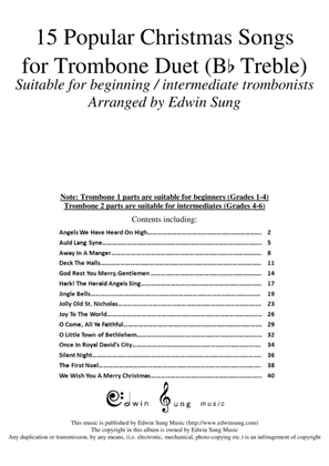 Book cover for 15 Popular Christmas Songs for Trombone Duet (Bb Treble) (Suitable for beginning / intermediate trom