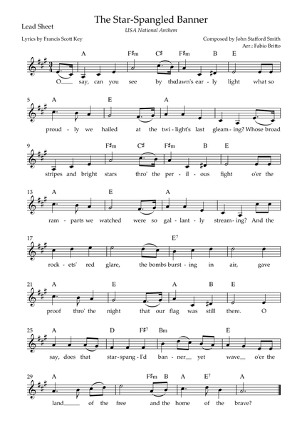 The Star Spangled Banner (USA National Anthem) Lead Sheet (A Major)