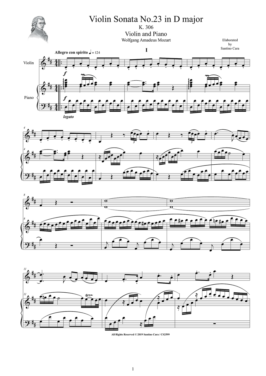 Mozart - Violin Sonata No.23 in D major K 306 for Violin and Piano - Score and Part Violin Solo scores gallery preview page 1
