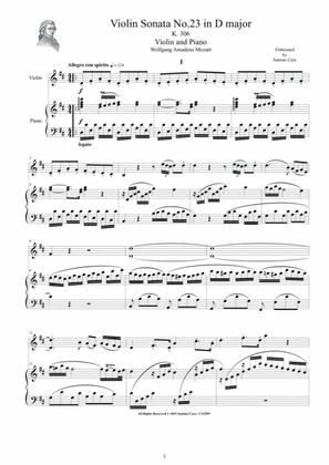 Mozart - Violin Sonata No.23 in D major K 306 for Violin and Piano - Score and Part