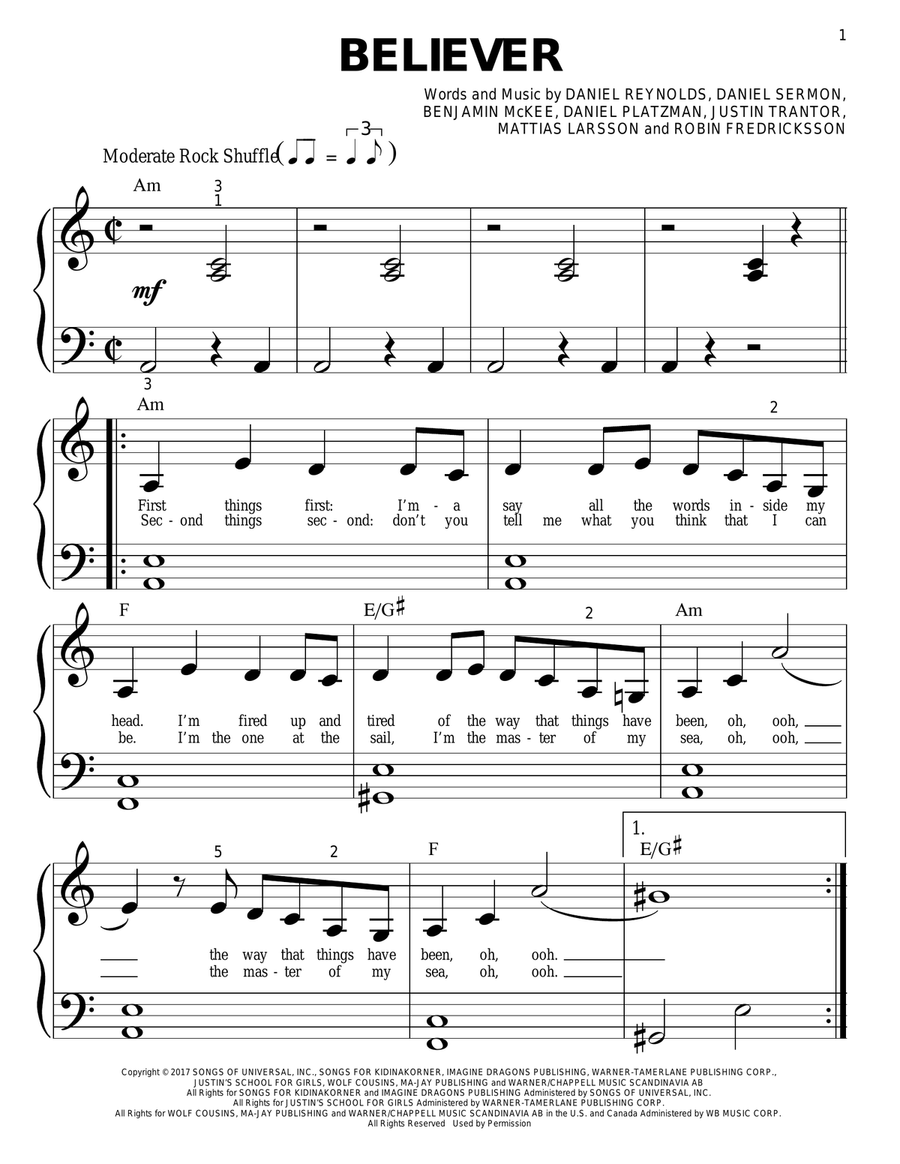 Believer Easy Piano scores gallery preview page 1