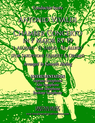 Book cover for Vivaldi – Chamber Concerto in F Major RV 99 (for Saxophone Quartet SATB and Optional Organ)