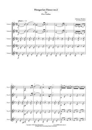 Hungarian Dance no.5, by Johannes Brahms, arranged for 5 violins