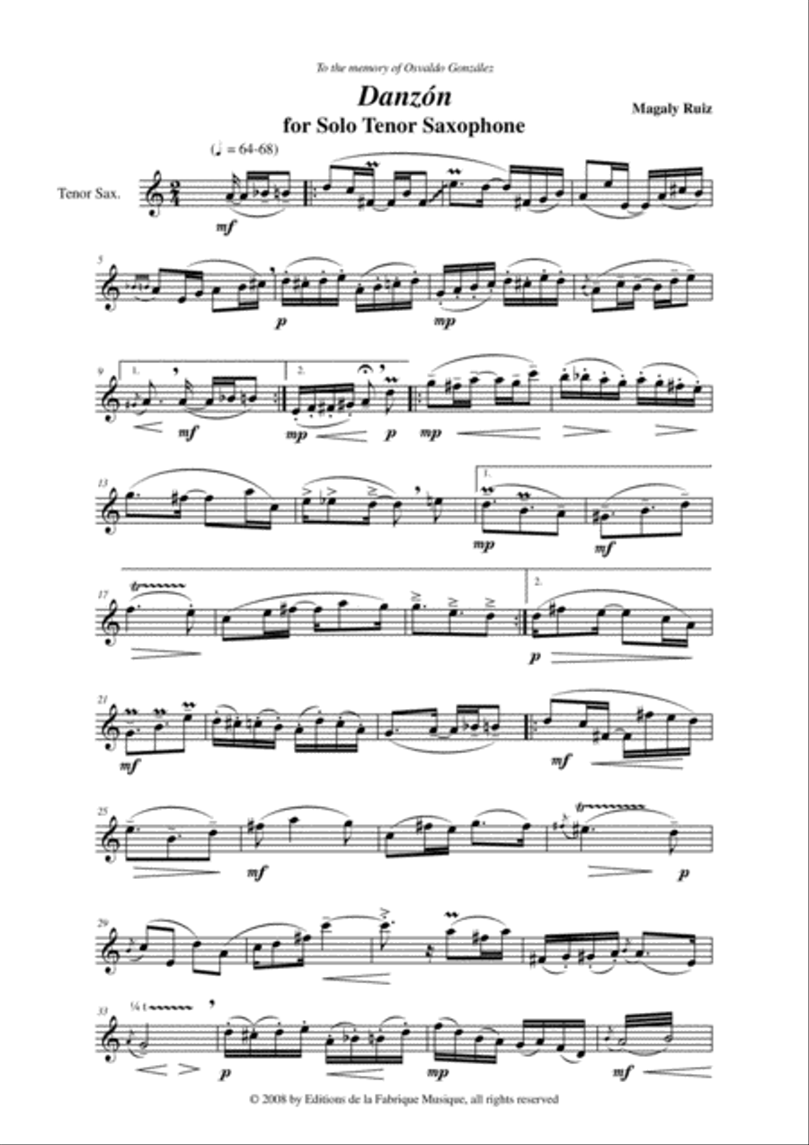 Magaly Ruiz: Danzón for solo tenor saxophone Tenor Saxophone scores gallery preview page 2