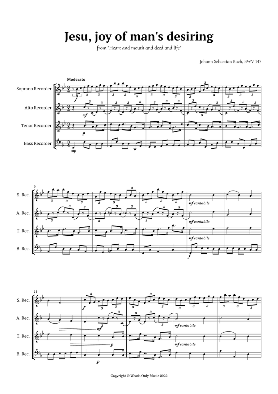 Jesu, joy of man's desiring by Bach for Recorder (transported) Quartet Small Ensemble scores gallery preview page 2