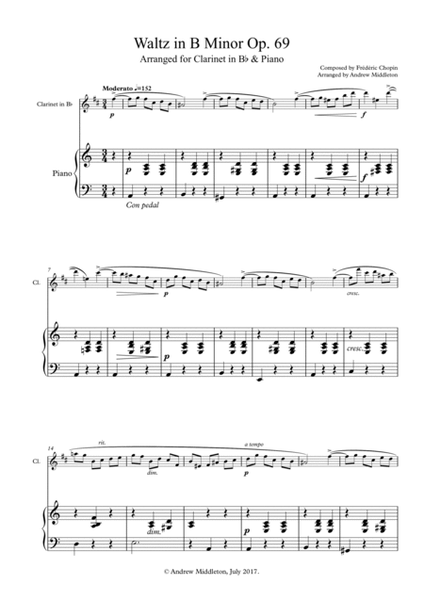 Waltz in B Minor Op. 69 arranged for Clarinet and Piano image number null
