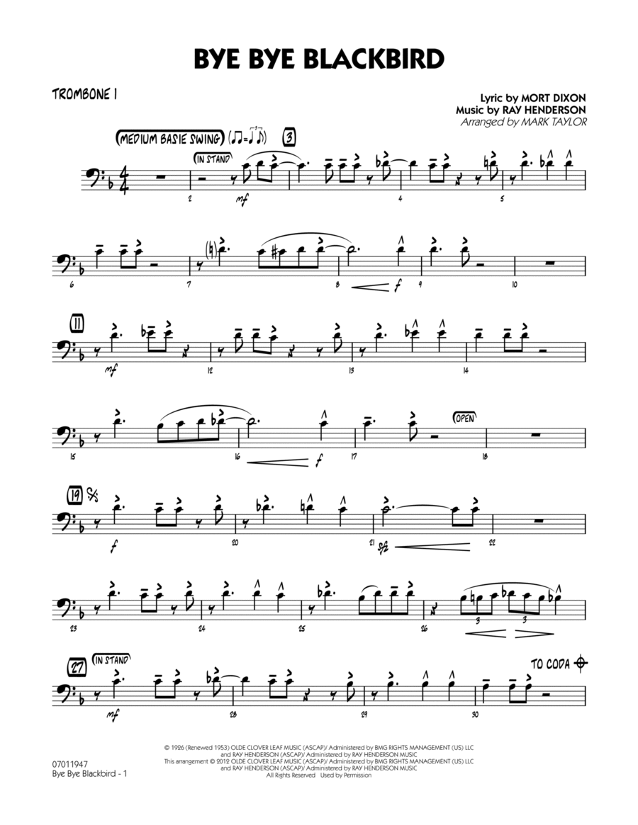 Bye Bye Blackbird - Trombone 1 Jazz Ensemble scores gallery preview page 1