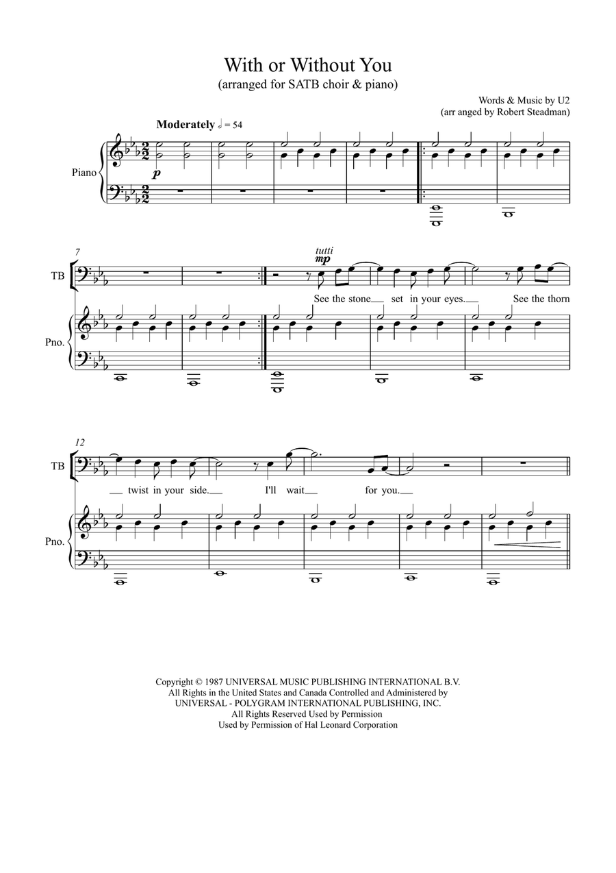 With Or Without You 4-Part scores gallery preview page 1