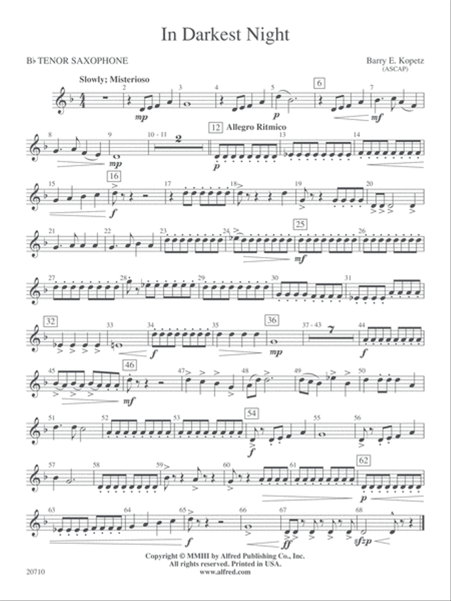 In Darkest Night: B-flat Tenor Saxophone Concert Band scores gallery preview page 1