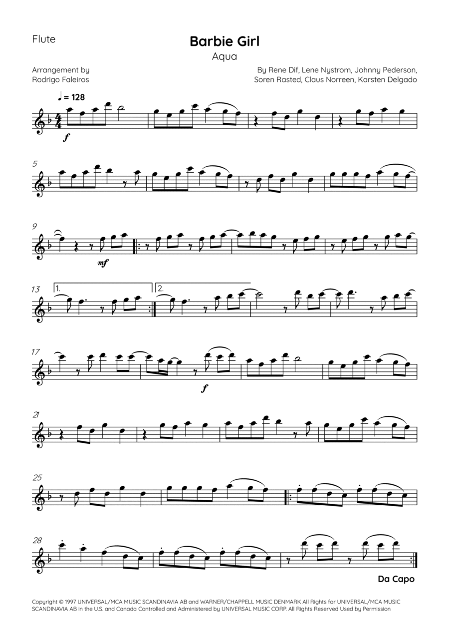 Barbie Girl Flute Solo scores gallery preview page 1