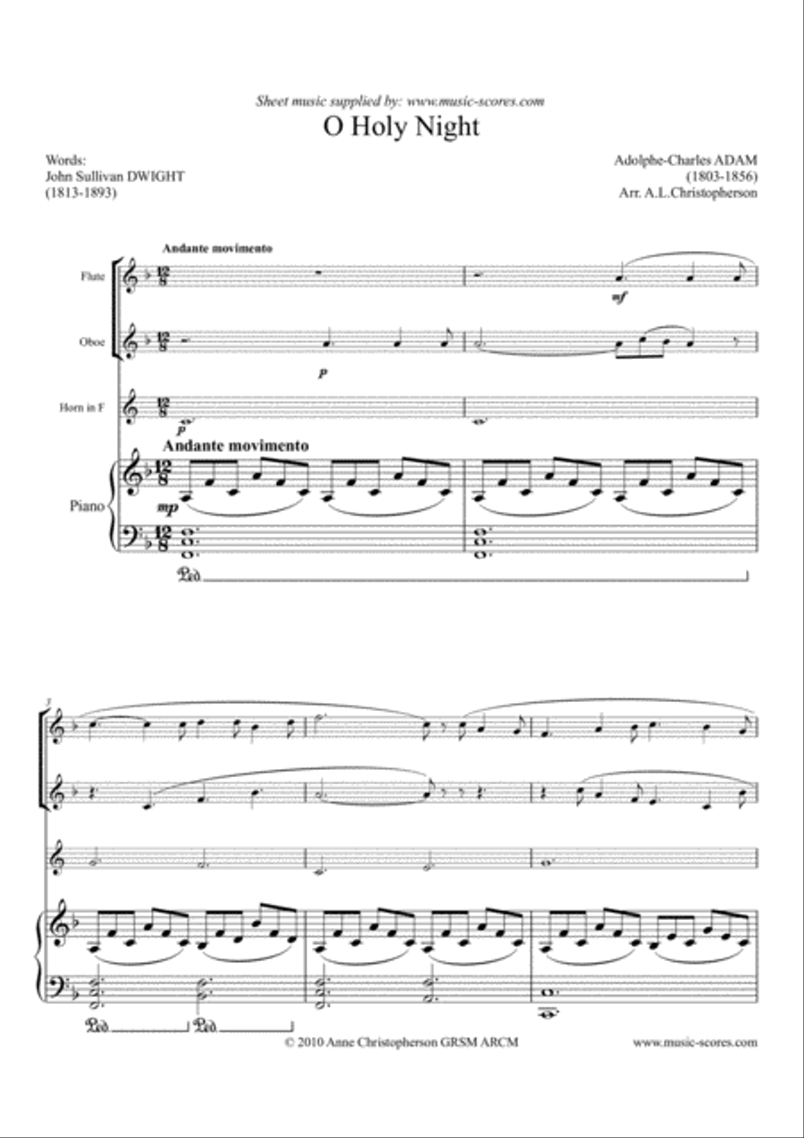 O Holy Night; Cantique de Noel - Flute, Oboe, French Horn and Piano O Holy Night; Cantique de Noel - Flute, Oboe, French Horn and Piano Flute scores gallery preview page 1