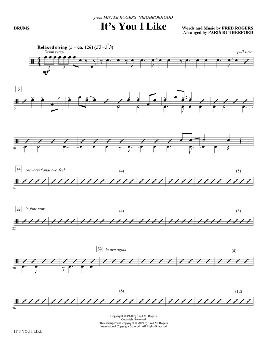 It's You I Like (from Mister Rogers' Neighborhood) (arr. Paris Rutherford) - Drums Choir scores gallery preview page 1